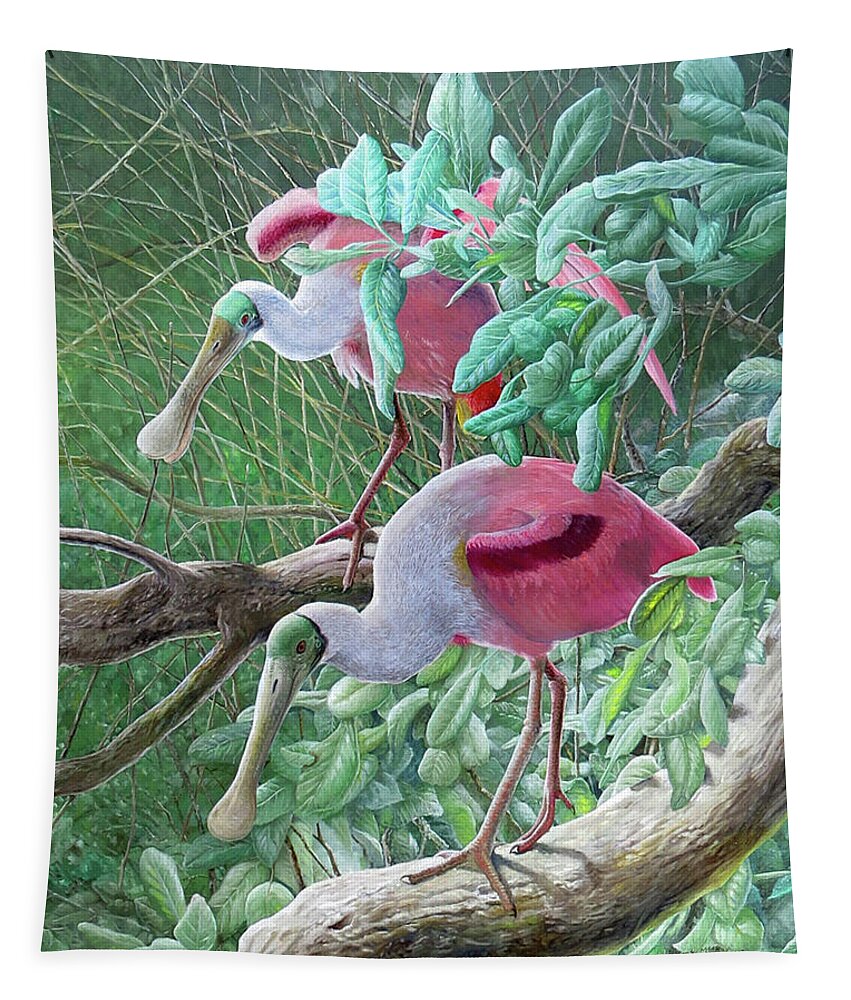 Roseate Spoonbill Tapestry featuring the painting Roseate Spoonbills by Barry Kent MacKay