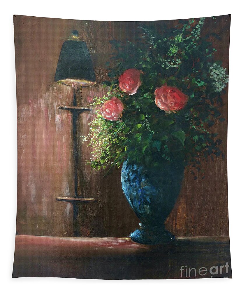 Roses Tapestry featuring the painting Roses in a Blue Vase by Lizzy Forrester