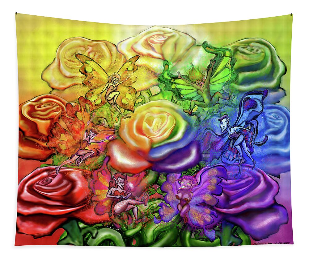 Rainbow Tapestry featuring the digital art Roses Rainbow Pixies by Kevin Middleton
