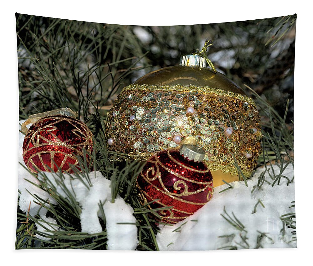 Fextive Tapestry featuring the photograph Round Holiday Ornaments Outdoors by Kae Cheatham