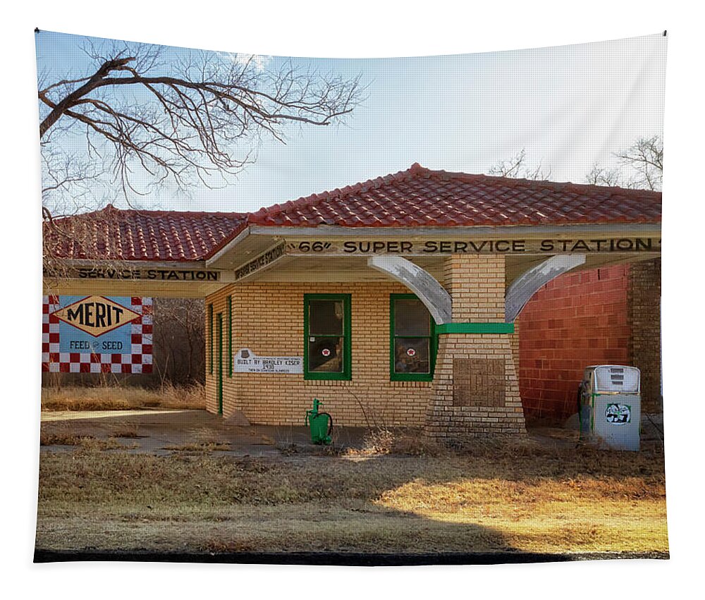  Super Service Station Tapestry featuring the photograph Route 66 - Super Service Station - Alanreed Texas by Susan Rissi Tregoning