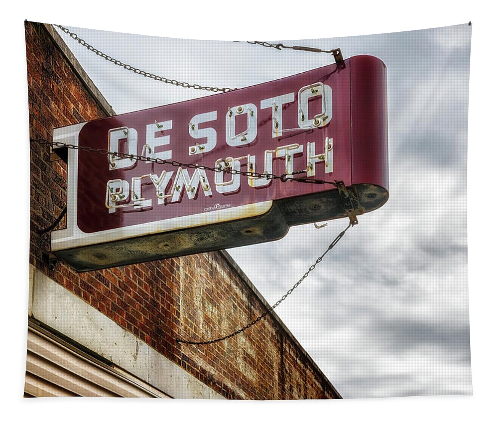 Desoto Plymouth Tapestry featuring the photograph Route 66 - DeSoto Plymouth Neon Sign - Carthage MO by Susan Rissi Tregoning