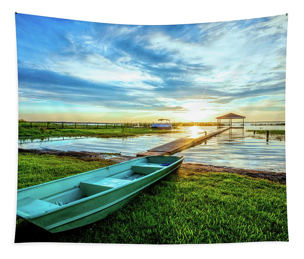 Docks Tapestry featuring the photograph Rowboat at the Water's Edge by Debra and Dave Vanderlaan