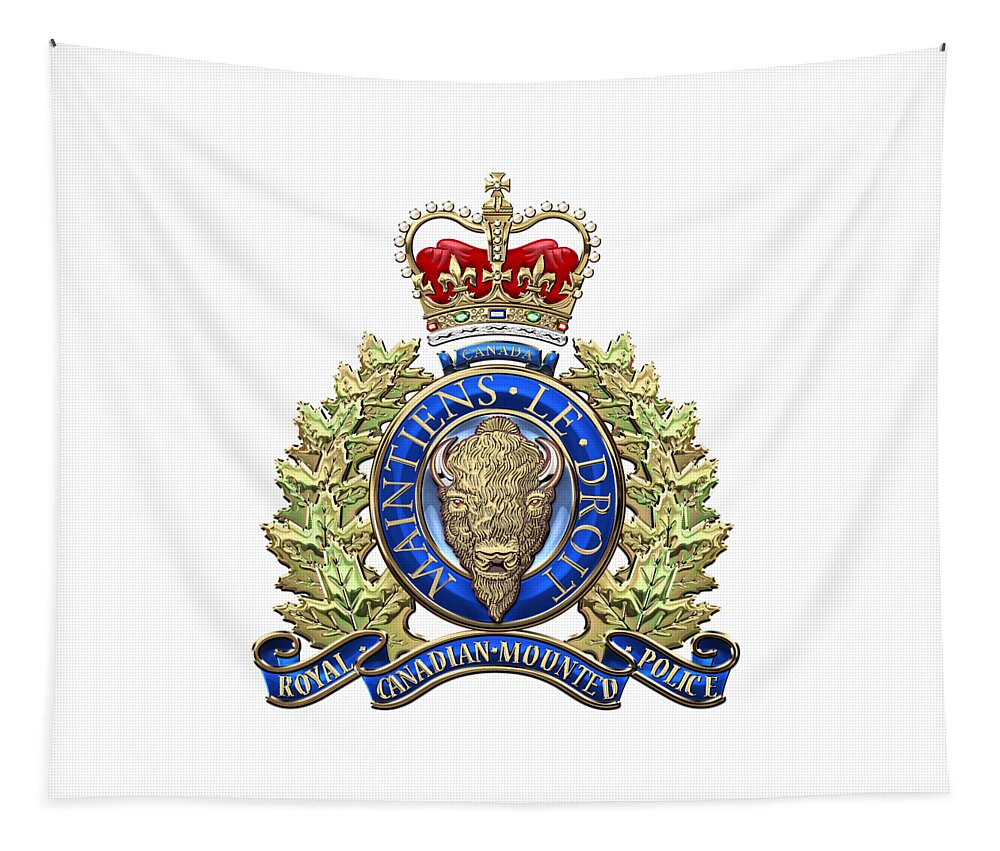 'insignia & Heraldry' Collection By Serge Averbukh Tapestry featuring the digital art Royal Canadian Mounted Police - R C M P Badge over White Leather by Serge Averbukh