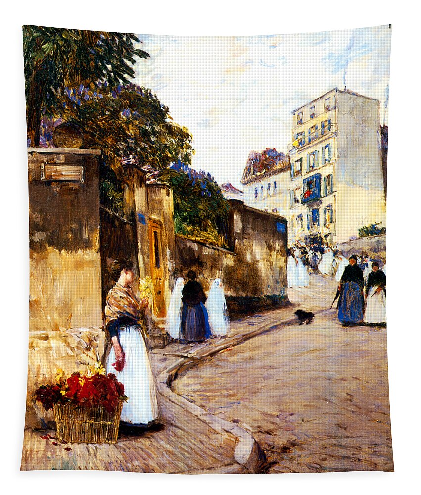 Hassam Tapestry featuring the painting Rue Montmartre 1889 by Frederick Childe Hassam