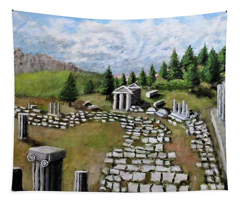 Landscape Tapestry featuring the painting Delphi Ruins by Gregory Dorosh