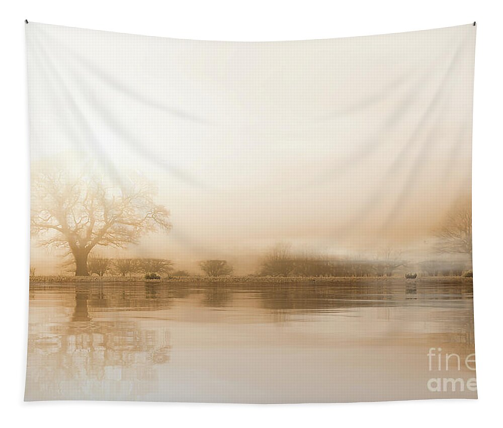 Winter Tapestry featuring the photograph Rural misty Norfolk landscape with water reflections by Simon Bratt
