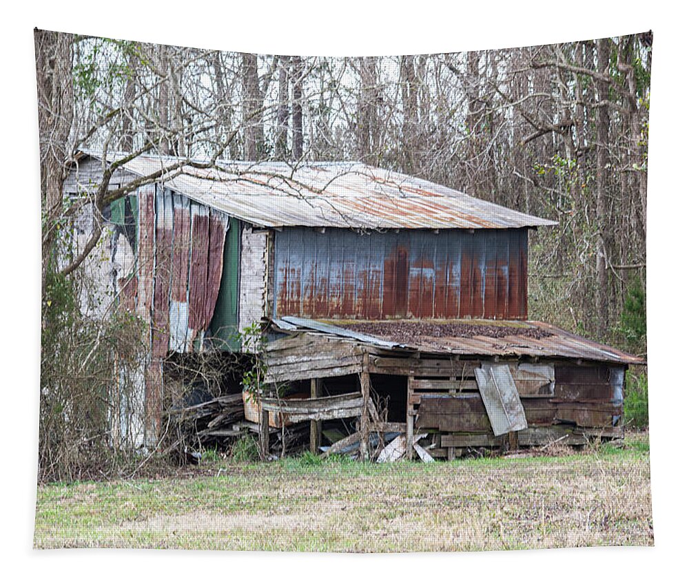 Abandoned Tapestry featuring the photograph Old Rusted Decaying Metal Barn in Onslow County North Carolina by Bob Decker