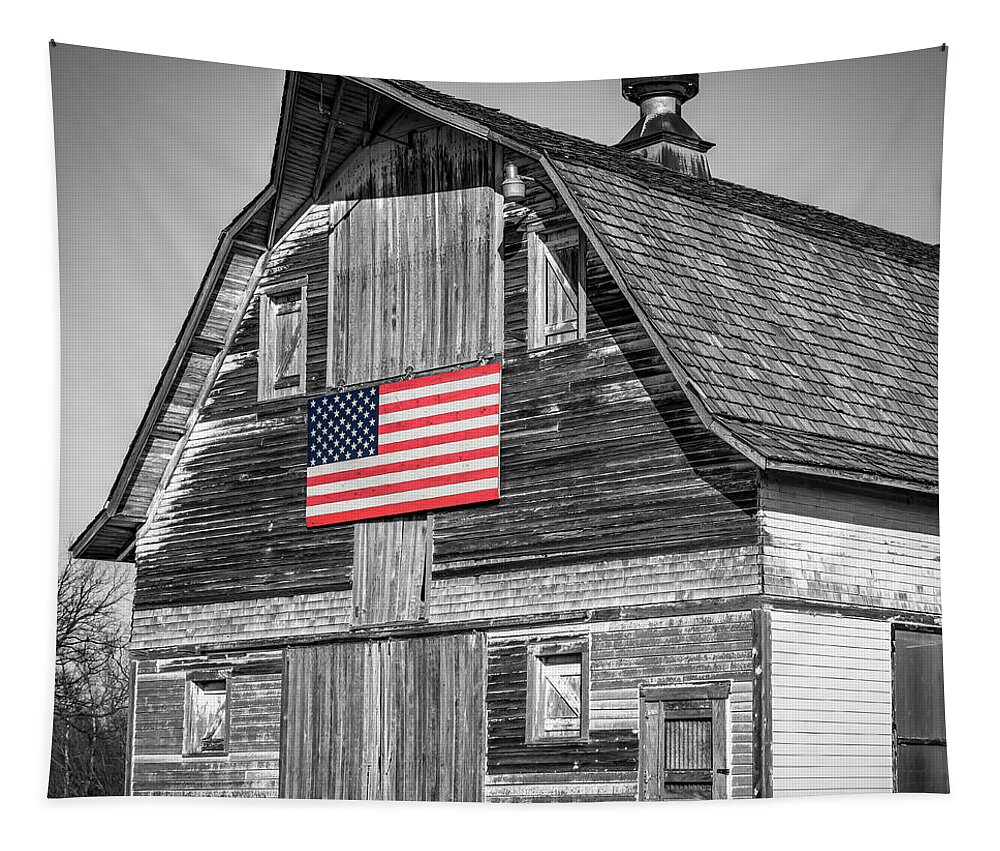 America Tapestry featuring the photograph Rustic Barn And Old Glory - Selective Color by Gregory Ballos