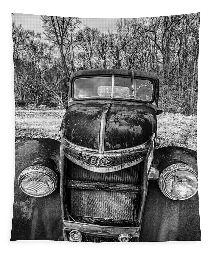 1937 Tapestry featuring the photograph Rusty GMC Pickup Truck 1938 1939 in Black and White by Debra and Dave Vanderlaan