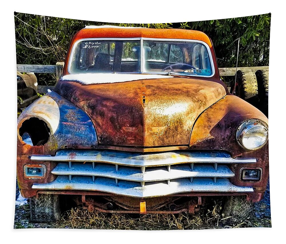 A Winter Scene Of A Rusty 1950 Chrysler Windsor. Tapestry featuring the photograph Rusty1950 Chrysler Windsor by Jim Harris