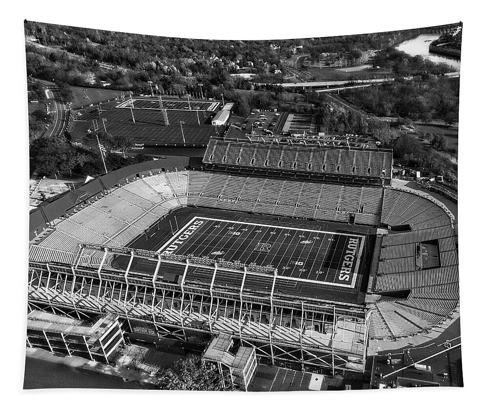 Rutgers Tapestry featuring the photograph Rutgers Football Stadium NJ BW by Susan Candelario