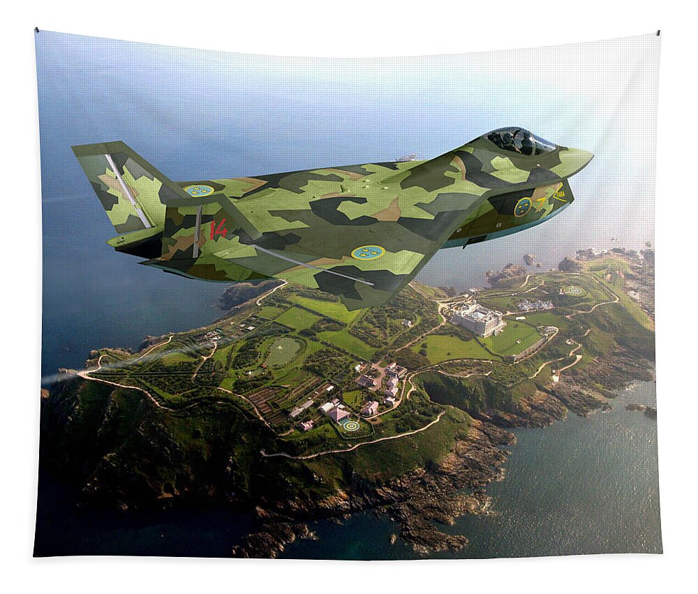 X-32 Tapestry featuring the digital art Saab 47 Hamnare by Custom Aviation Art