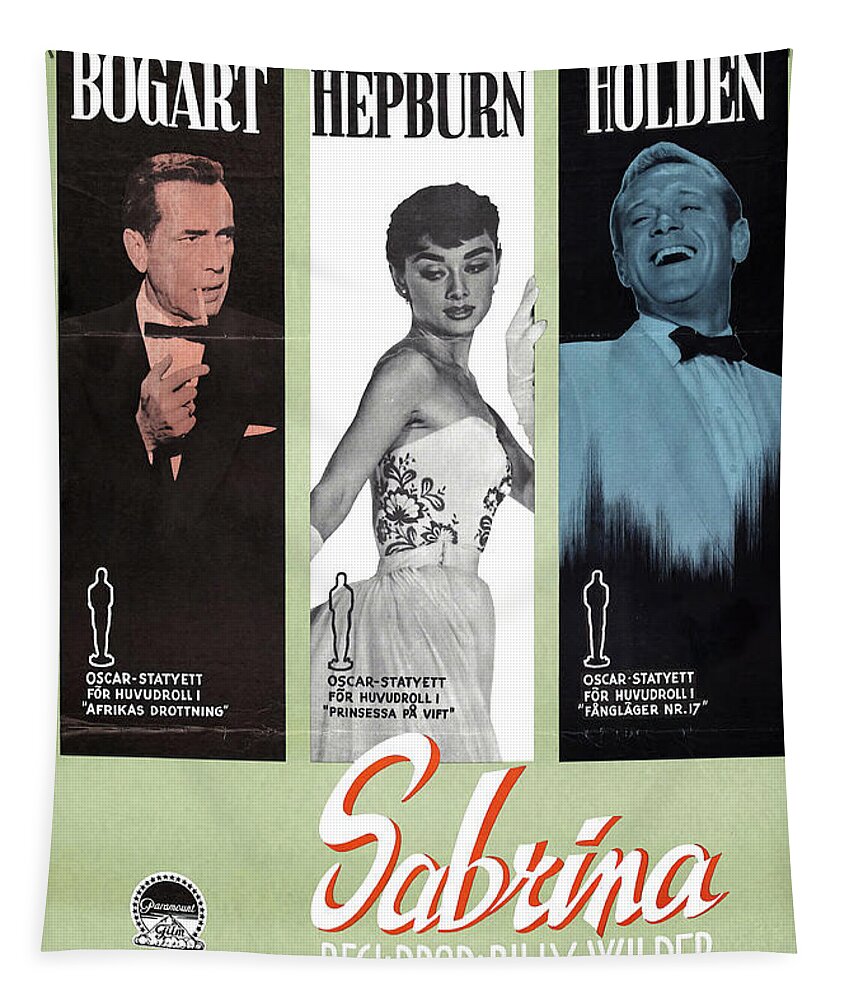 Humphrey Bogart Tapestry featuring the mixed media ''Sabrina'' b, with Humphrey Bogart and Audrey Hepburn, 1954 by Movie World Posters