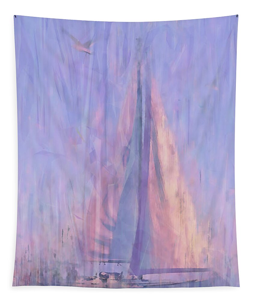 Sailboat Tapestry featuring the mixed media Sailboat at Dawn by Alex Mir