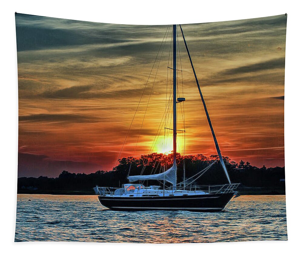 Sailboat Tapestry featuring the photograph Sailboat at Dusk at City Island, New York by Cordia Murphy