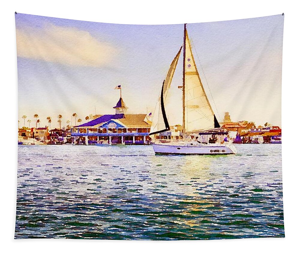 Travel Destination Tapestry featuring the mixed media Sailboat at Newport Beach Watercolor by Susan Rydberg