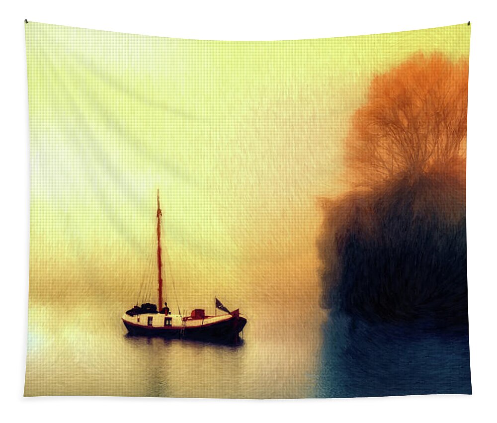 Boat Tapestry featuring the painting Sailboat on Lake - DWP1992137 by Dean Wittle
