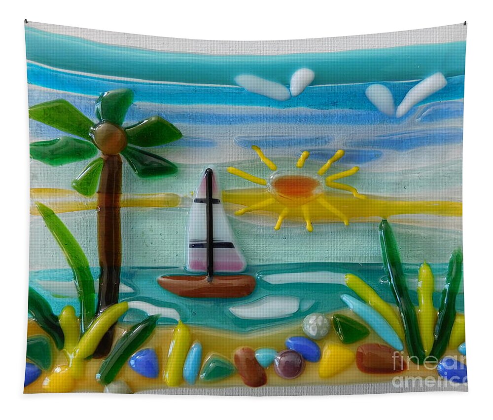 Beach Scene Painted With Tiny Pieces Of Glass. Fused Glass Tray Which Is The Perfect Size To Be Used As A Soap Dish Tapestry featuring the glass art Sailin' by Joan Clear