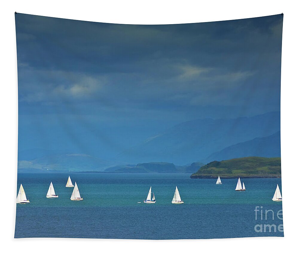 Stormy Weather Tapestry featuring the photograph Yachts in the blue - Sailing Boats off the Island Of Mull, Scotland by Neale And Judith Clark