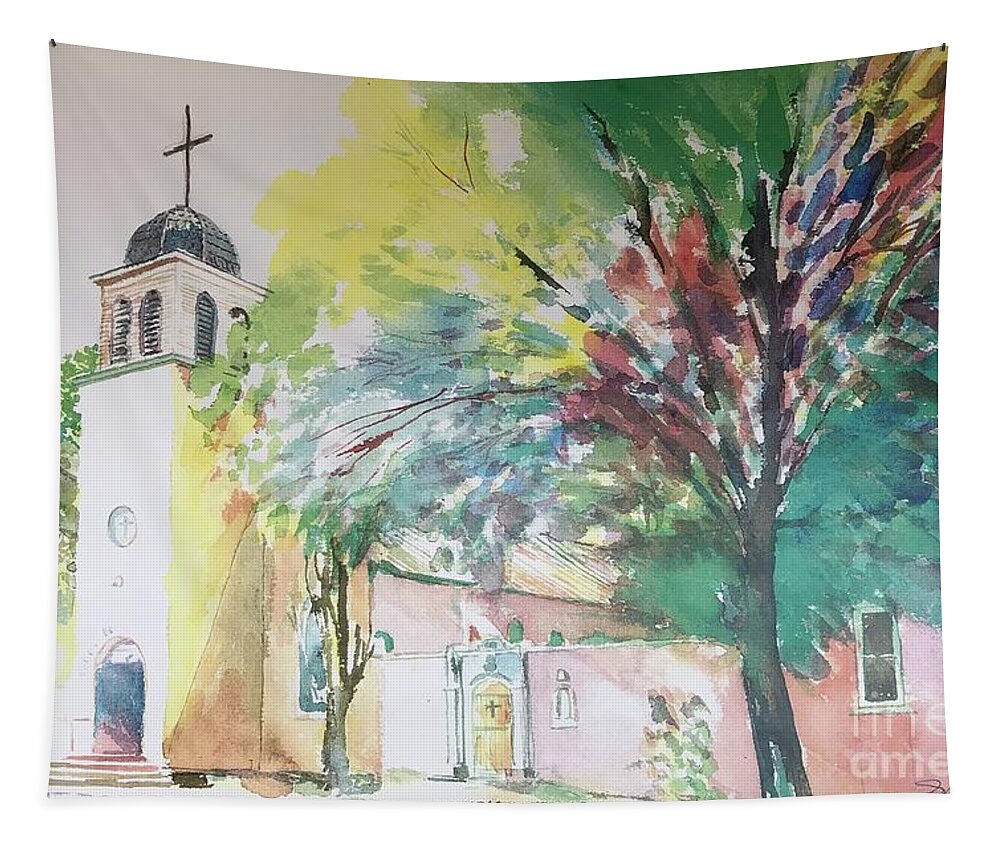 Watercolor Tapestry featuring the painting Saint Joseph Parish Cerrillos New Mexico by Glen Neff