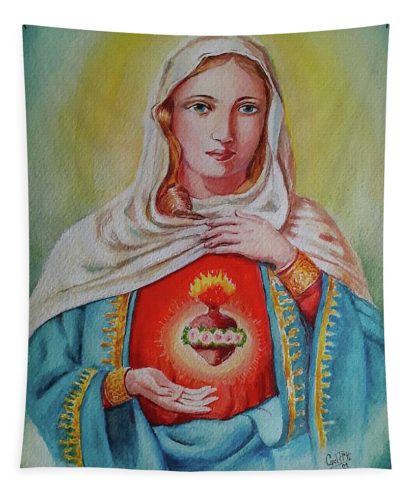 Saint Mary Tapestry featuring the painting Saint Mary s sacred heart by Carolina Prieto Moreno