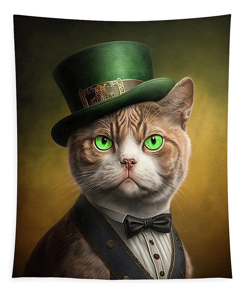 Cat Tapestry featuring the digital art Saint Patricks Day Cat 06 by Matthias Hauser