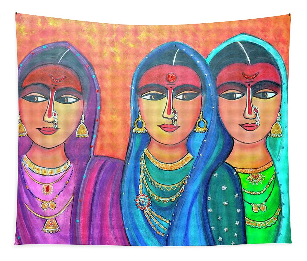 Ladies Tapestry featuring the painting Sakhi-Friends Forever Figure Painting On Canvas by Manjiri Kanvinde