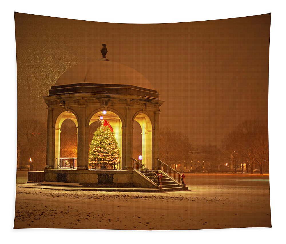 Salem Tapestry featuring the photograph Salem Common Bandstand Christmas Tree in Snow by Toby McGuire