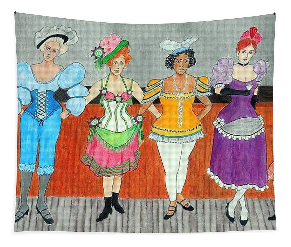 Figurative Tapestry featuring the painting Saloon Sextet -- Portrait 1890's Women in Old West by Jayne Somogy