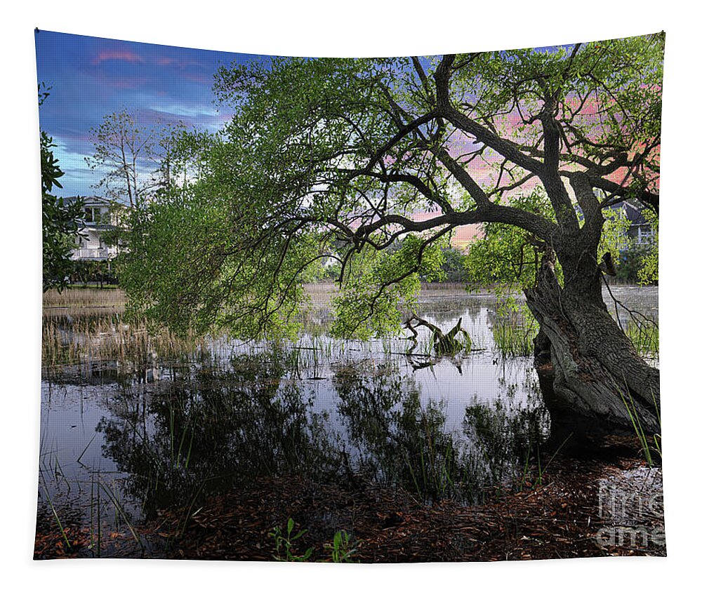 Salt Marsh Tapestry featuring the photograph Salt Marsh - Sunset - Live Oak Tree by Dale Powell