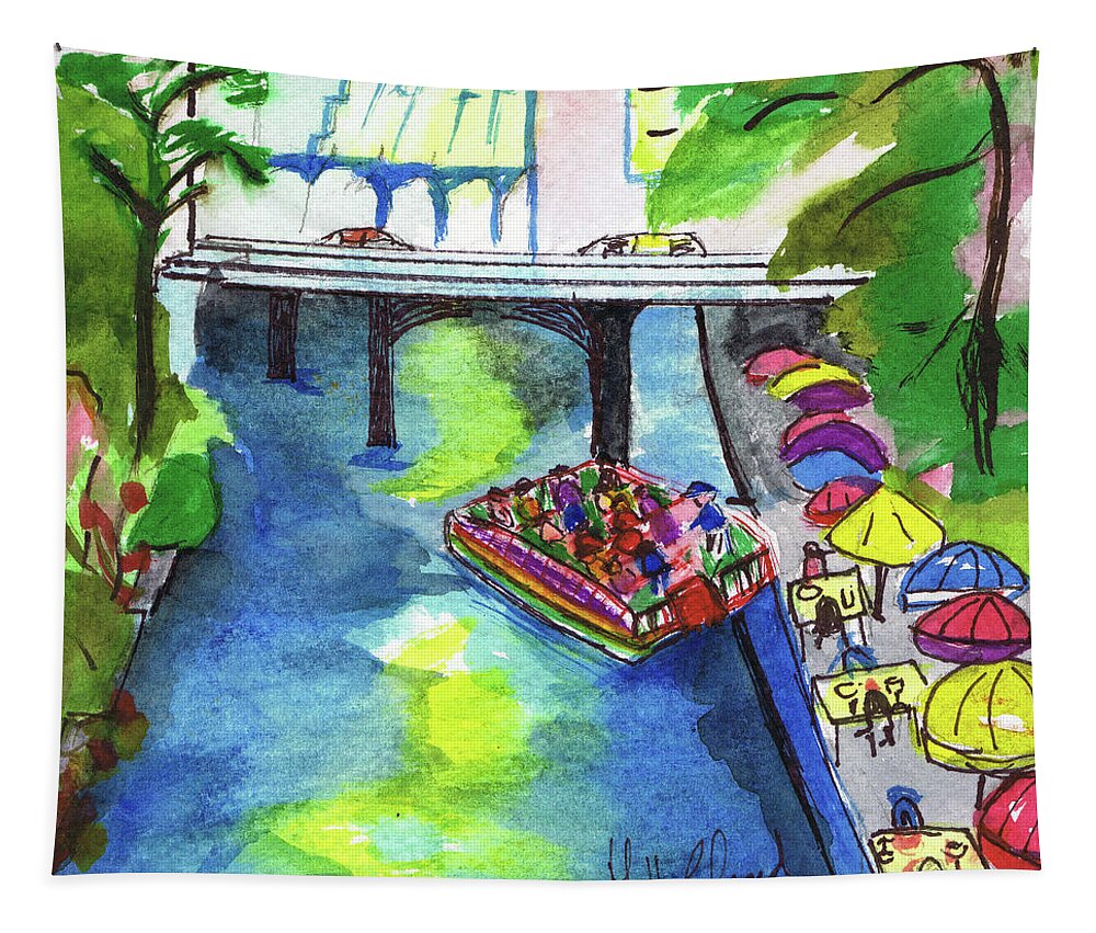 Boat Tapestry featuring the painting San Antonio Riverwalk by Genevieve Holland
