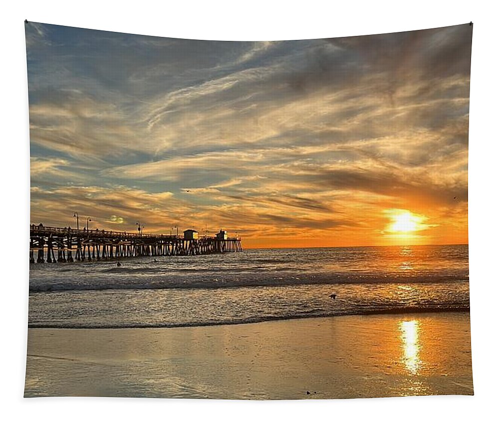 Sunset Tapestry featuring the photograph San Clemente Pier Sunset by Brian Eberly