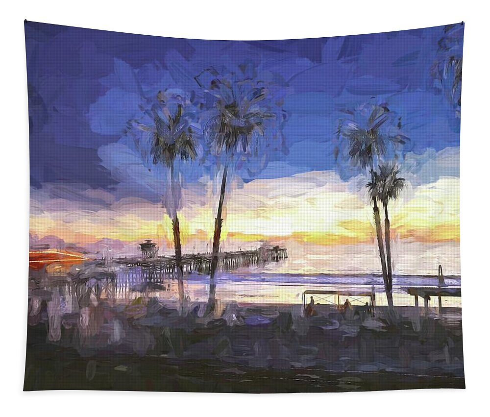San Clemente Pier Tapestry featuring the digital art San Clemente Sunset Abstract by Rebecca Herranen