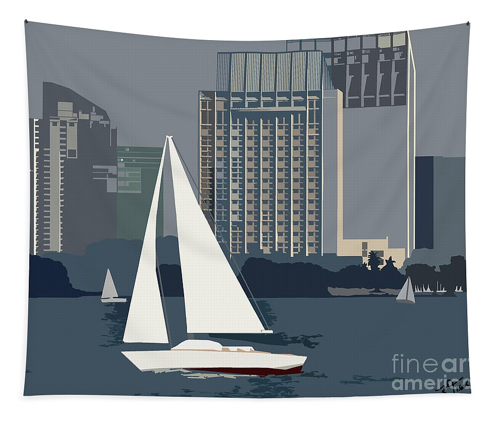 San Diego Tapestry featuring the digital art San Diego Bay Sailing by Kirt Tisdale
