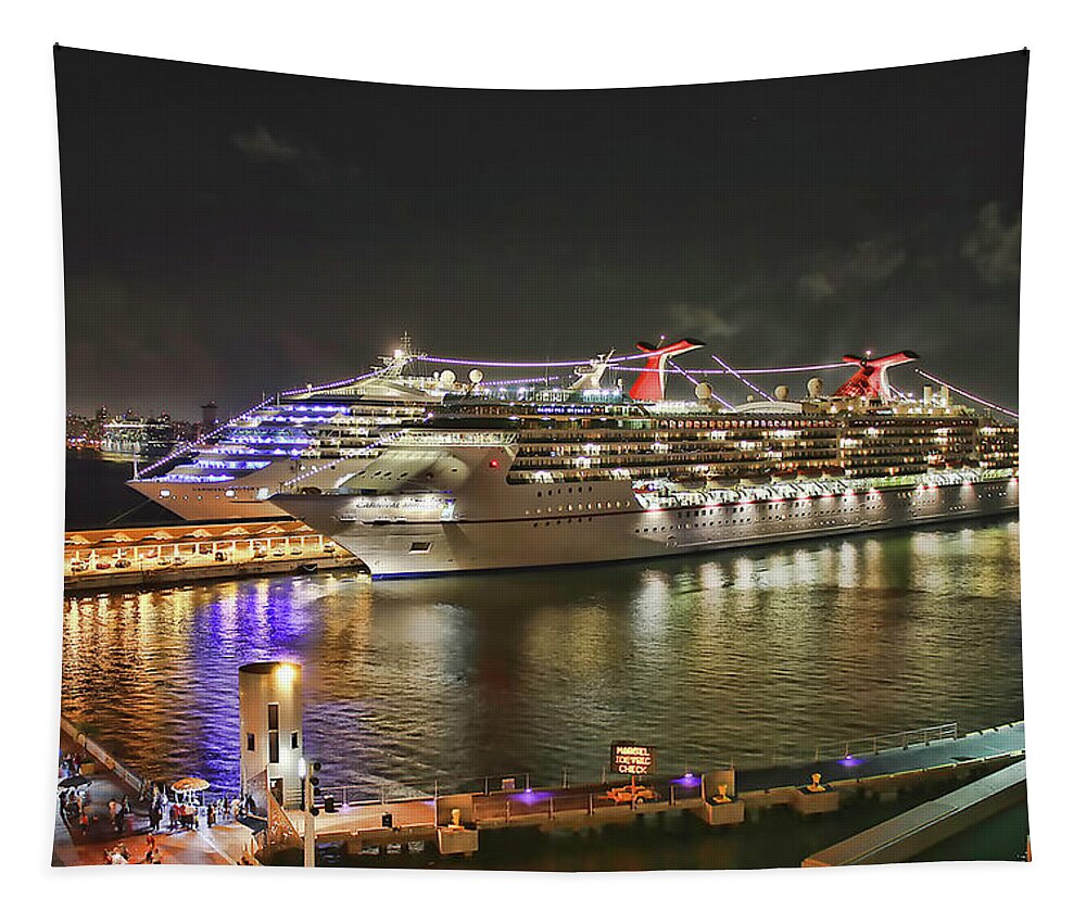 San Juan Tapestry featuring the mixed media San Juan Lights up with two Carnival Ships by Pheasant Run Gallery