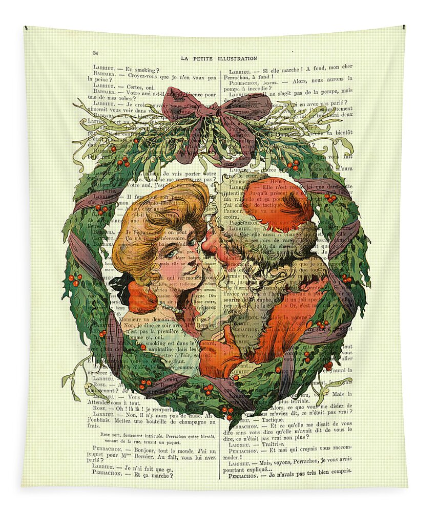 Christmas Tapestry featuring the digital art Santa Claus Christmas wreath antique illustration by Madame Memento