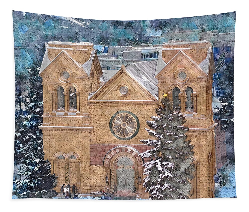 Church Tapestry featuring the digital art Santa Fe Cathedral in Snow by Aerial Santa Fe