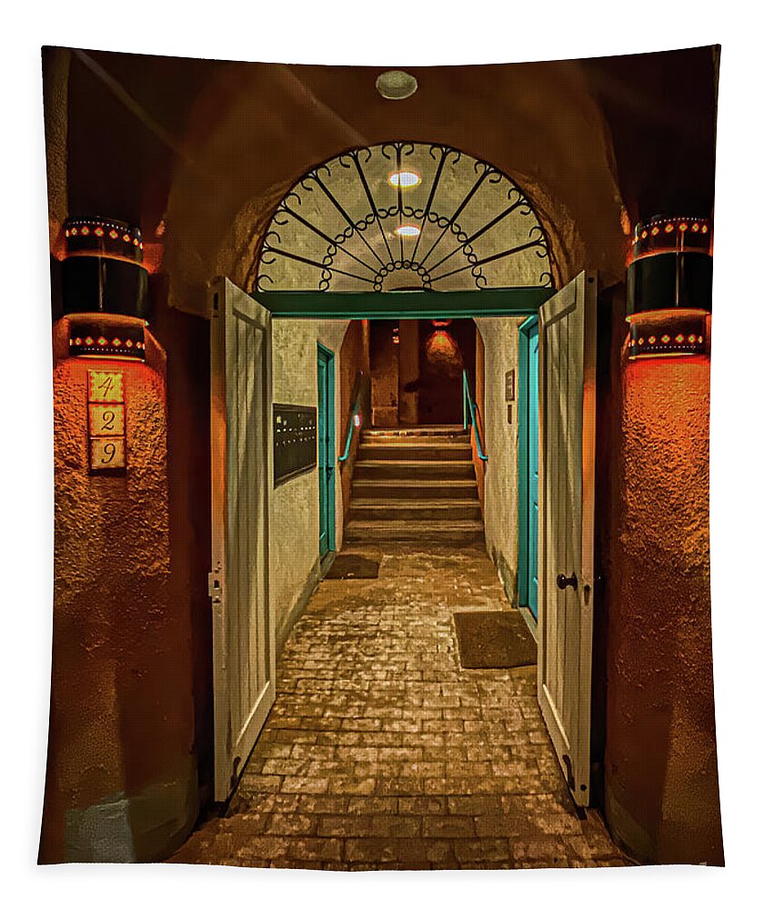 America Tapestry featuring the photograph Sante Fe Doorway at Night by Thomas Marchessault