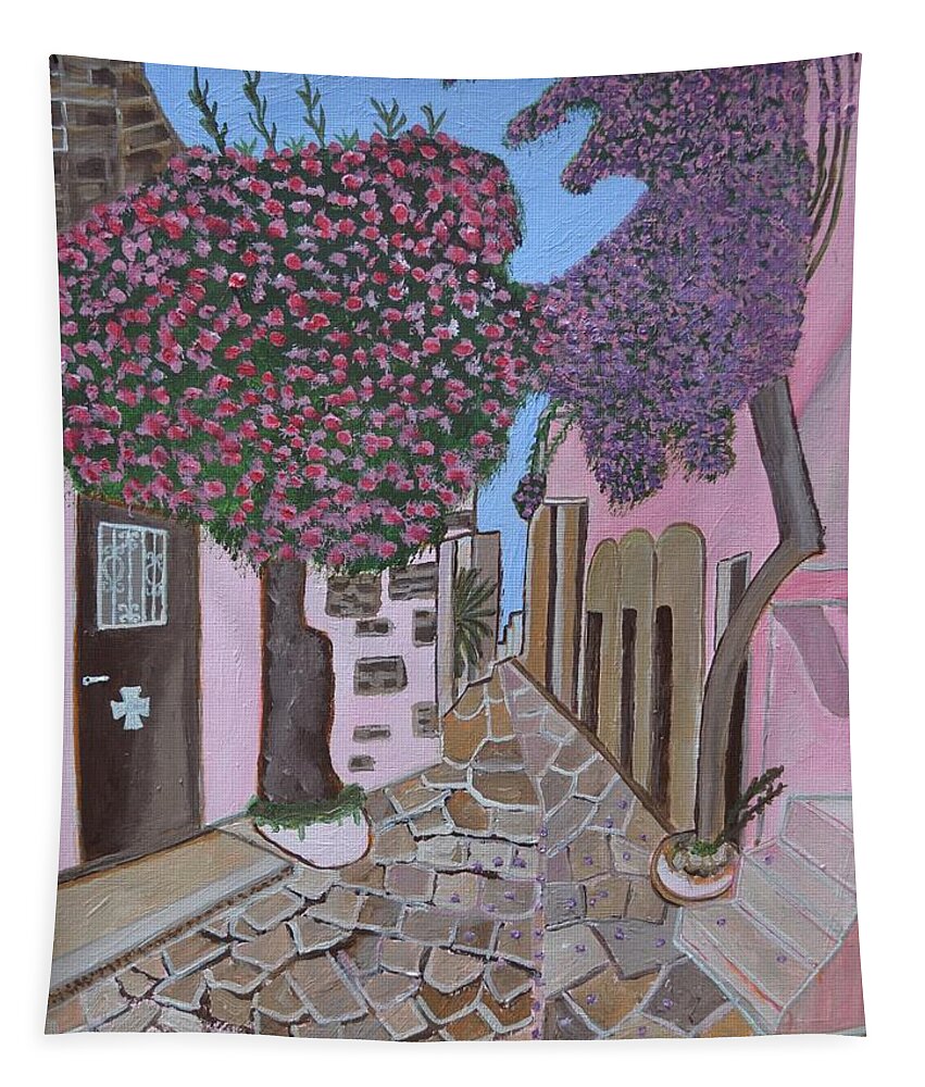 Greece Painting Print Holiday Trees Santorini Birthday Street Pink Holiday Mask Virus Copy Mum Dad Tapestry featuring the painting Santorini 2 Greece by Magdalena Frohnsdorff