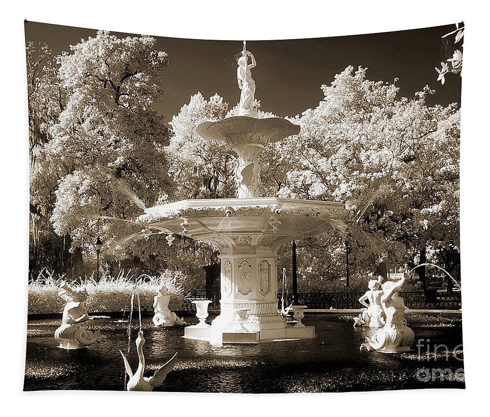 Savannah Tapestry featuring the photograph Savannah Georgia Fountain - Forsyth Fountain - Infrared Sepia Landscape by Kathy Fornal