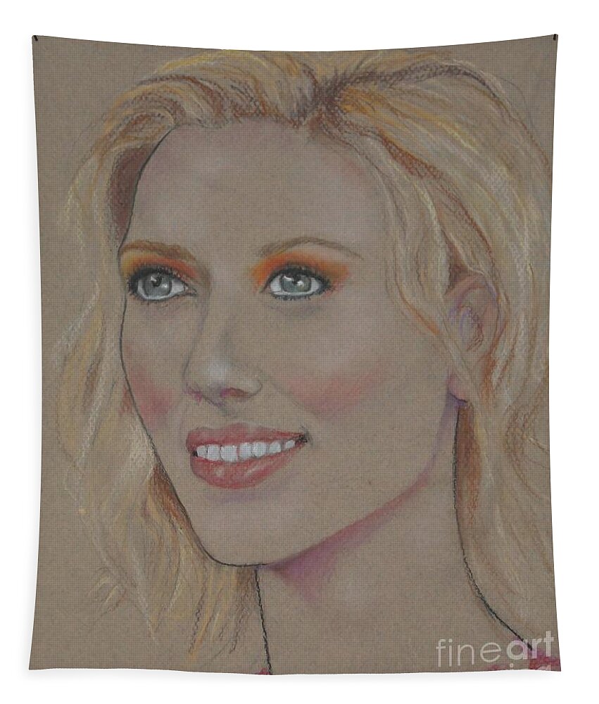 Scarlett Johansson Tapestry featuring the drawing Blond Bombshell No.5--Scarlett Johansson by Jayne Somogy