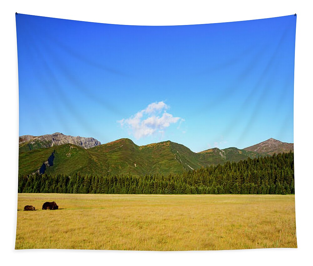 Alaska Tapestry featuring the photograph Scenic View with Coastal Brown Bear and Cubs by Patrick Nowotny