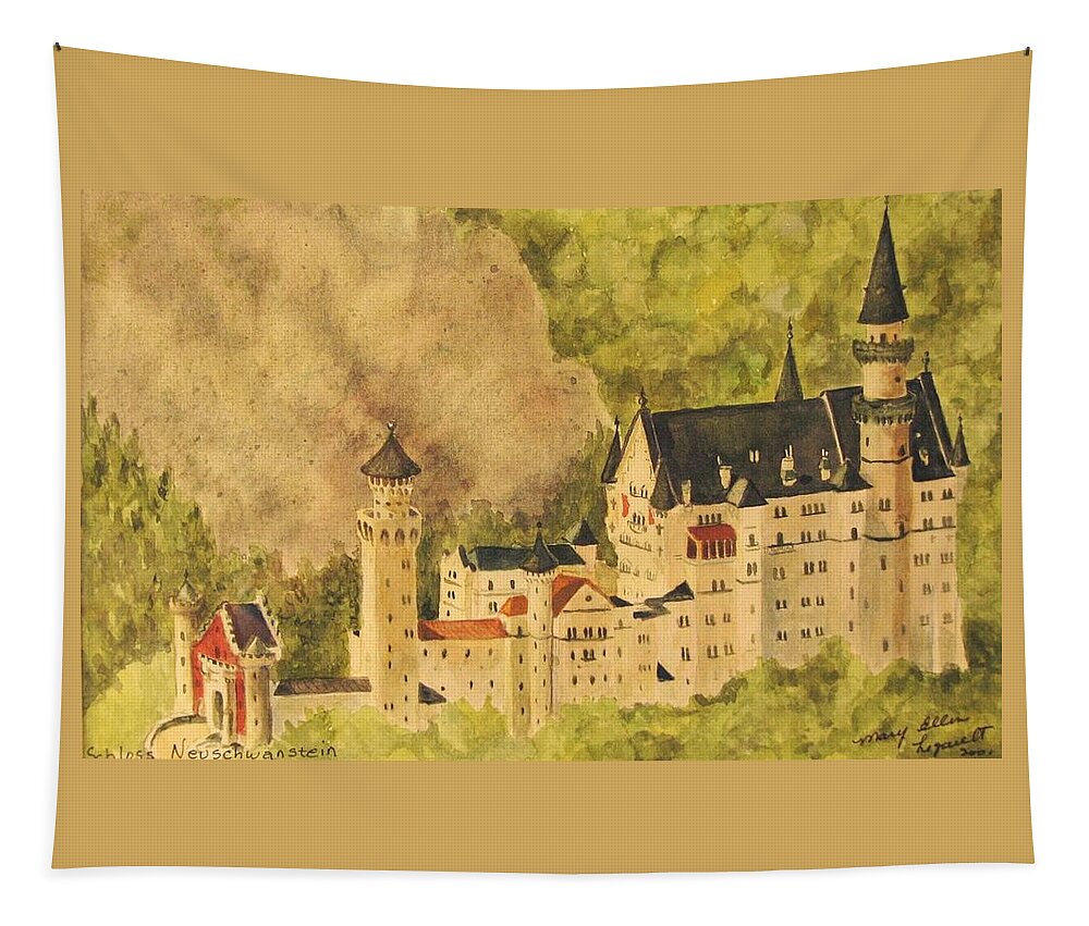 Travel Tapestry featuring the painting Schloss Neuschwanstein by Mary Ellen Mueller Legault