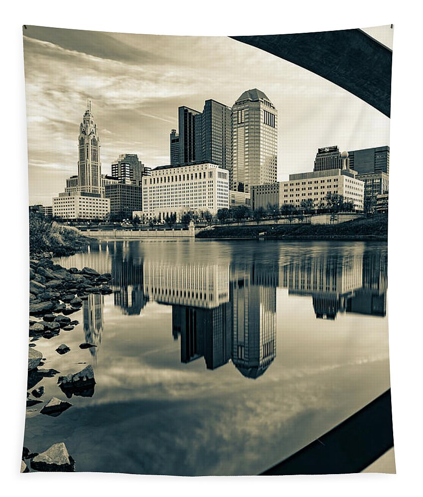 Columbus Skyline Tapestry featuring the photograph Scioto River City Reflections Under The Bridge - Sepia Edition by Gregory Ballos