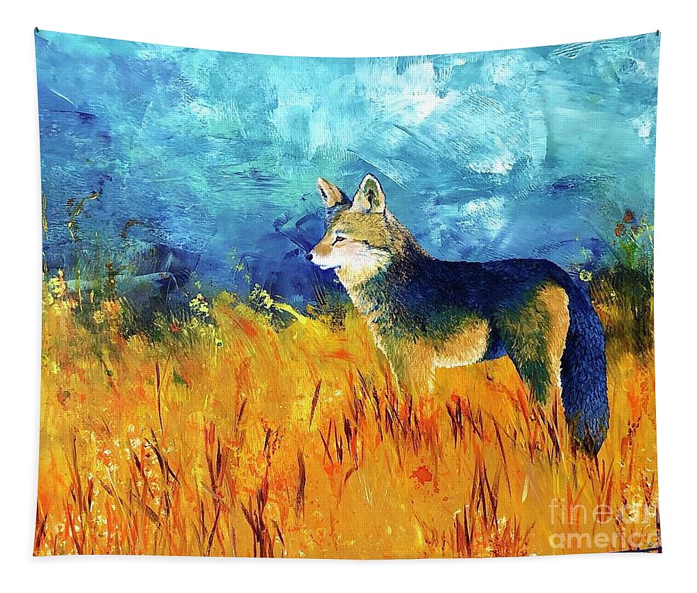 Coyote Tapestry featuring the painting Scouting for a Den by Tracy L Teeter