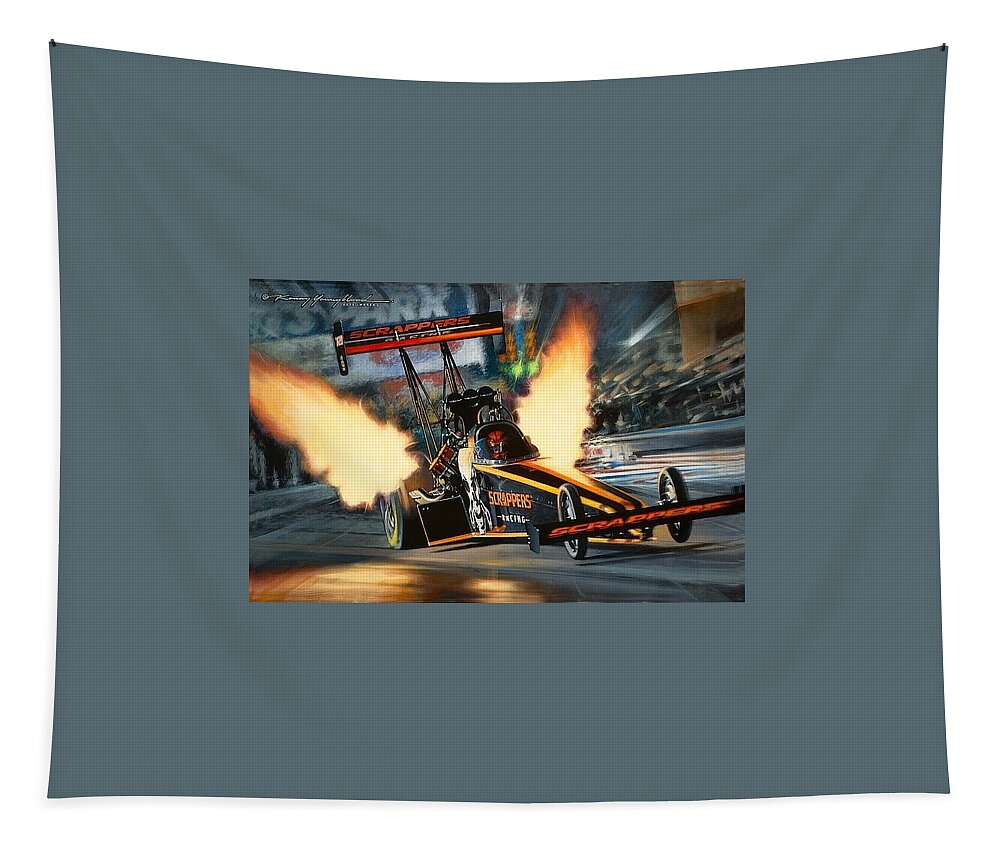Nhra Drag Racing Top Fuel Mike Salinas Kenny Youngblood Tapestry featuring the painting Scrappers by Kenny Youngblood