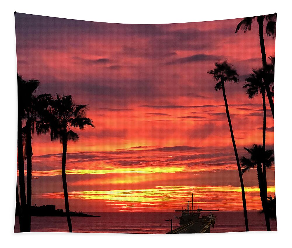 La Jolla Local Artist Tapestry featuring the photograph Scripps Pier Gated Sunset by Russ Harris