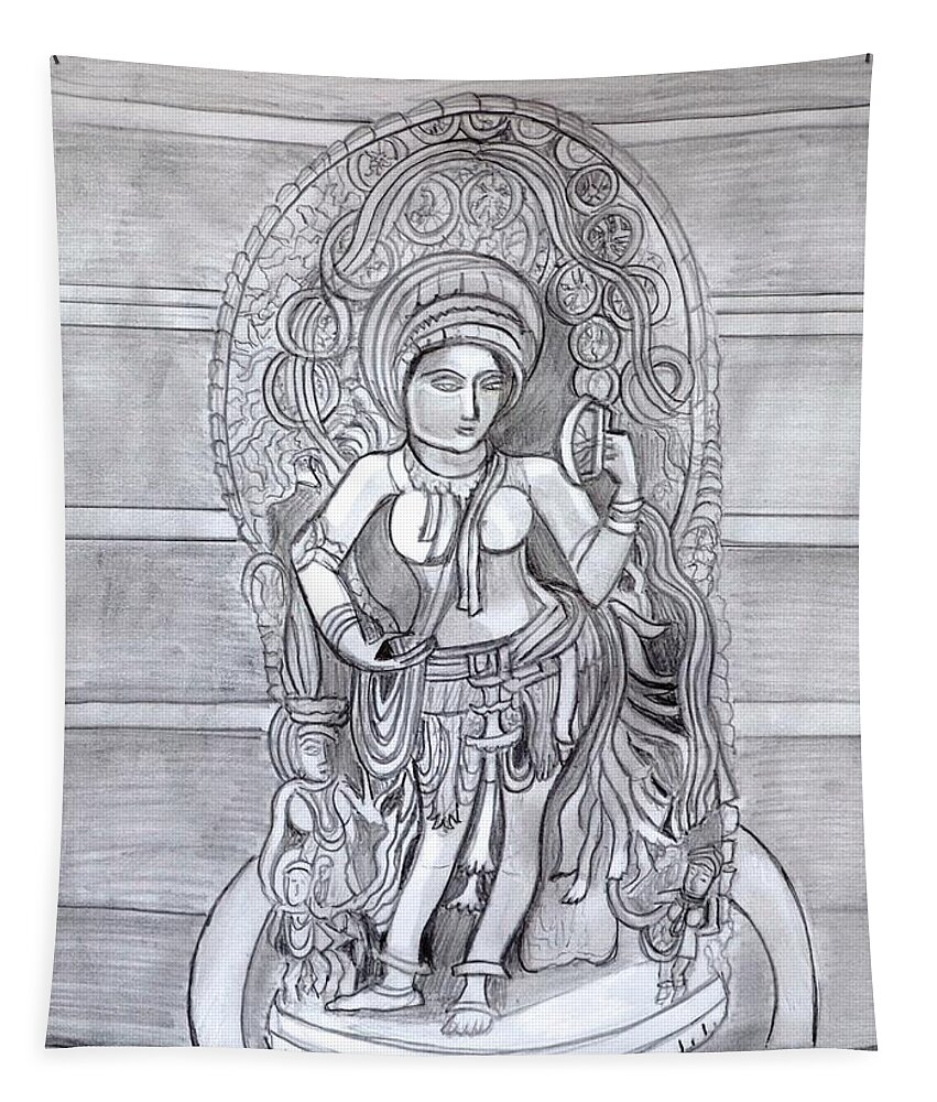 Sculpture Tapestry featuring the drawing Sculpture pencil drawing of Madanika Chennakesava temple Karnataka by Manjiri Kanvinde