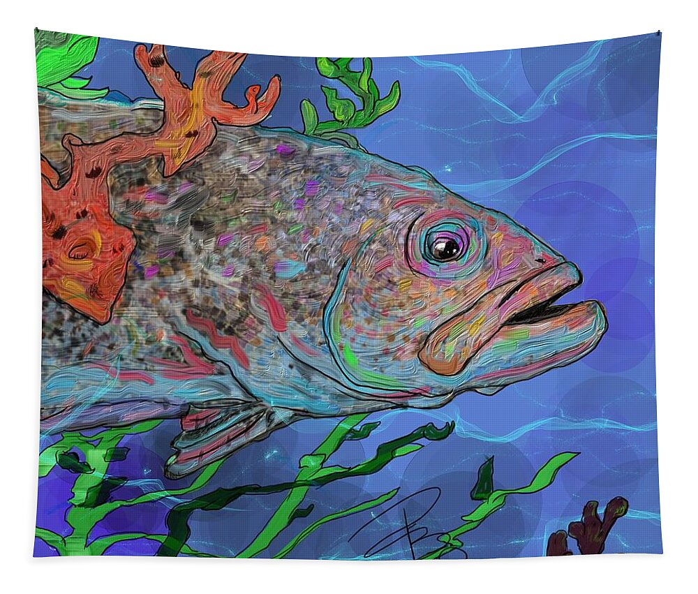 Fish Tapestry featuring the digital art Sea Bass in blue by Debra Baldwin